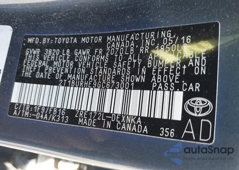 2016 Toyota Corolla L/Le/Le Pls/Prm/S/S Pls from USA, damaged, VIN 2T1BURHE9GC673001